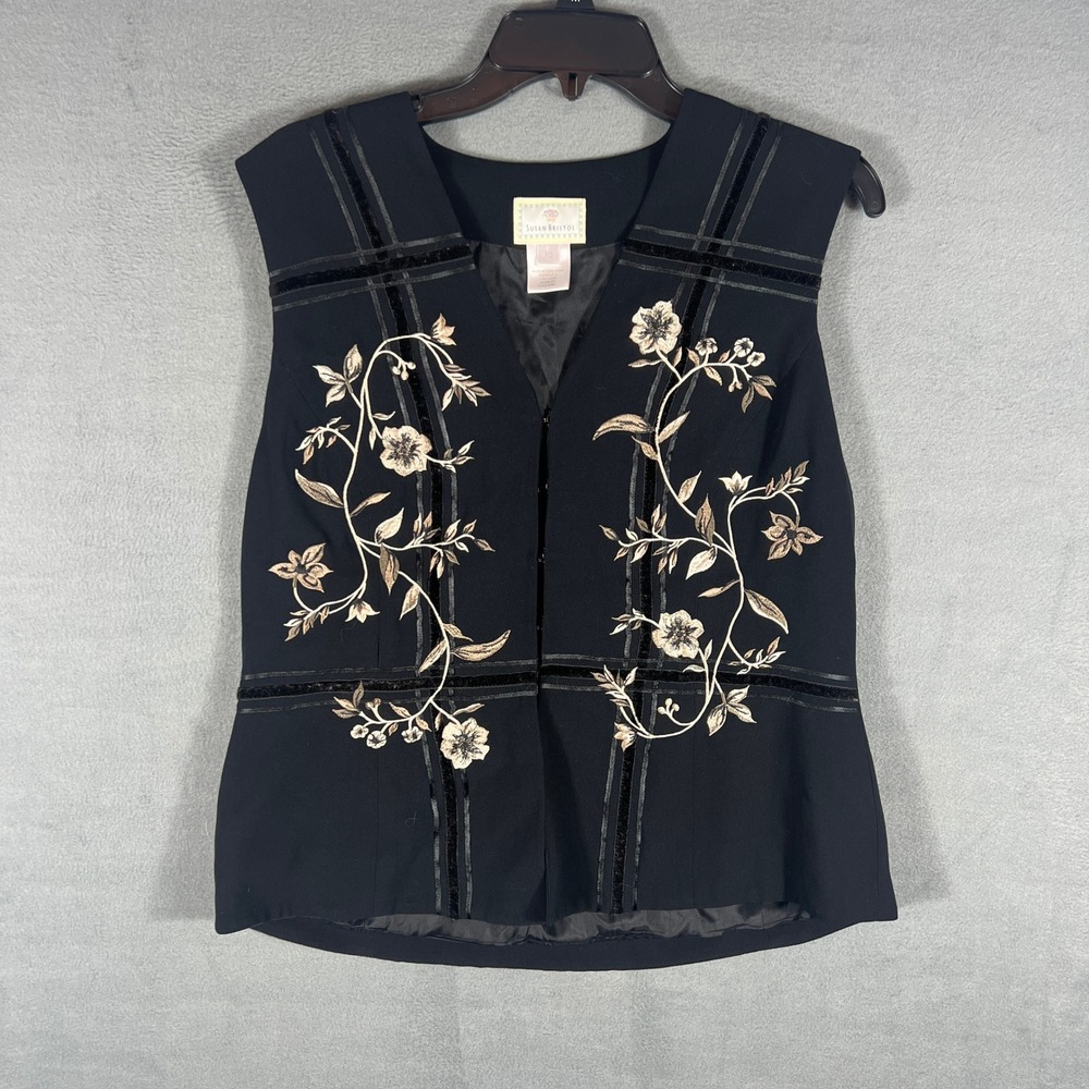 Susan Bristol Womens Vest 10 Black Floral Embroidered Vintage Sleeveless Velvet